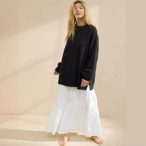Women's Oversized Knit Sweatshirt Round Neck Lantern Sleeve Dropped Shoulder Casual Solid Color Polyester Viscose Blend Pullover Top