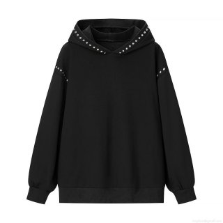 Women's Loose Fit Hooded Sweatshirt With Silver Metal Rivets Chic Casual Long Sleeve Pullover Hoodie Cotton Blend Black Outerwear For Daily Wear