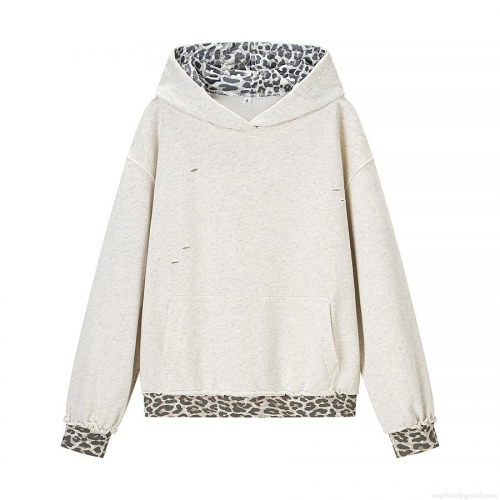Women's Fashion Leopard Patchwork Hoodie Distressed Ripped Details Long Sleeve Pullover Sweatshirt Casual Streetwear Acrylic Cotton Blend Top