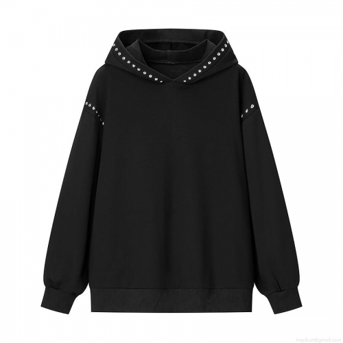 Women's Casual Oversized Hooded Sweatshirt With Silver Metal Rivets Long Sleeve Acrylic Pullover Streetwear Party Hoodie Tops