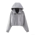 Women's Crop Zip Up Hoodie 100% Polyester Fleece Long Sleeve Solid Color Sweatshirt With Drawstring Casual Streetwear Hooded Jacket Top