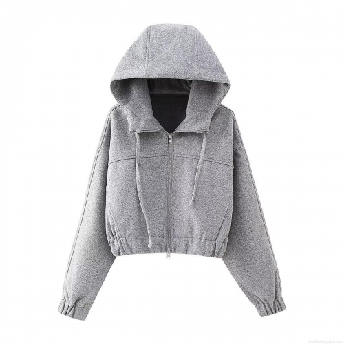Women's Crop Zip Up Hoodie 100% Polyester Fleece Long Sleeve Solid Color Sweatshirt With Drawstring Casual Streetwear Hooded Jacket Top