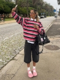 Women's Striped Pullover Sweatshirt Cotton Blend Letter Print Loose Fit Round Neck Long Sleeve Top for Trendy Streetwear Daily Fashion