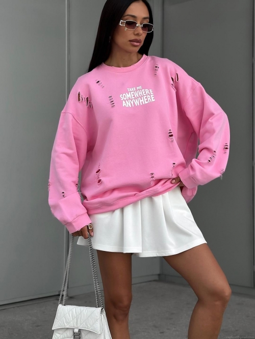 Women's Loose Distressed Pullover Sweatshirt Slogan Letter Print Cotton Blend Round Neck Long Sleeve Streetwear Top Autumn Fashion Casual Women Outfit Women's Loose Distressed Pullover Sweatshirt Slogan Letter Print Cotton Blend Round Neck Long Sleeve Streetwear Top Autumn Fashion Casual Women Outfit
