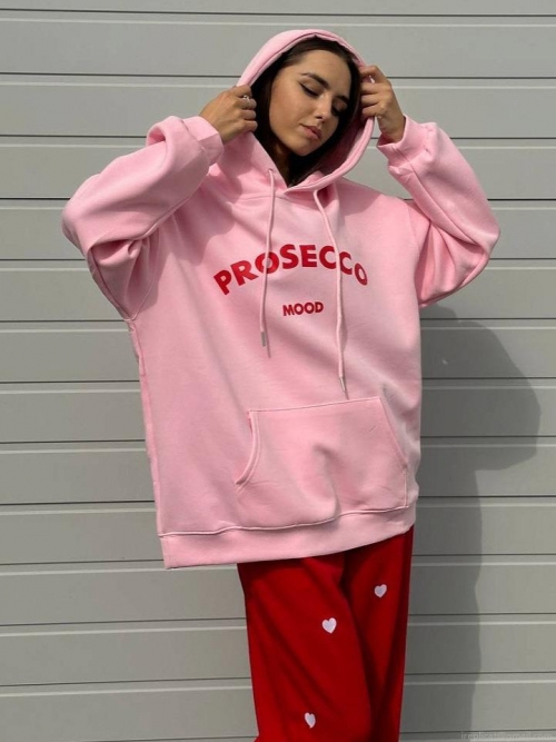 Women's Pink Prosecco Mood Letter Printed Hoodie Loose Fit Cotton Blend Long Sleeve Hooded Sweatshirt For Casual Streetwear Autumn Winter Women's Pink Prosecco Mood Letter Printed Hoodie Loose Fit Cotton Blend Long Sleeve Hooded Sweatshirt For Casual Streetwear Autumn Winter