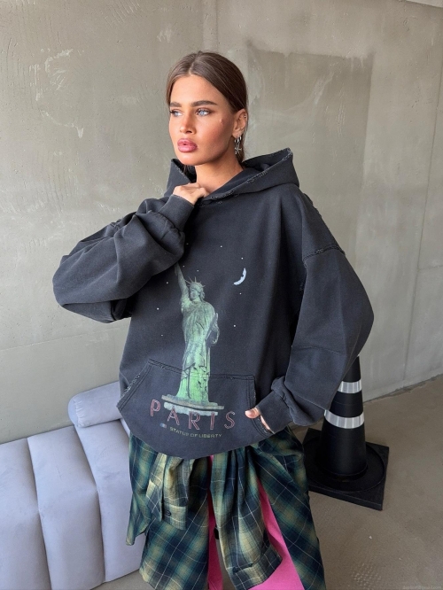 Women Oversized Hoodie Cotton Blend American Streetwear Vintage Washed Charcoal Gray Hoodie Paris Statue Of Liberty Print Distressed Edges Pullover Sweatshirt Women Oversized Hoodie Cotton Blend American Streetwear Vintage Washed Charcoal Gray Hoodie Paris Statue Of Liberty Print Distressed Edges Pullover Sweatshirt