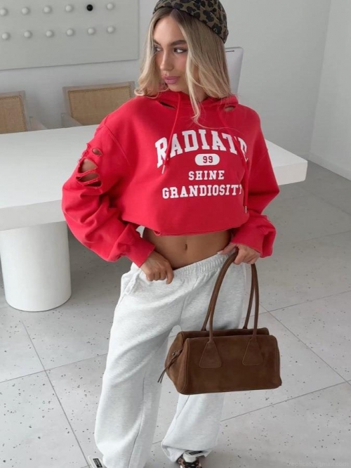 Women Streetwear Red Cropped Hoodie Distressed Torn Design Pullover Long Sleeve Cotton Blend Hooded Sweatshirt For Women Daily Party Casual Style Women Streetwear Red Cropped Hoodie Distressed Torn Design Pullover Long Sleeve Cotton Blend Hooded Sweatshirt For Women Daily Party Casual Style