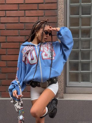 Women's American Vintage Streetwear Hoodie Zip Up Oversized Cotton Blend Letter Angel Print Long Sleeve Sky Blue Sweatshirt For Autumn Winter Street Chic Women's American Vintage Streetwear Hoodie Zip Up Oversized Cotton Blend Letter Angel Print Long Sleeve Sky Blue Sweatshirt For Autumn Winter Street Chic