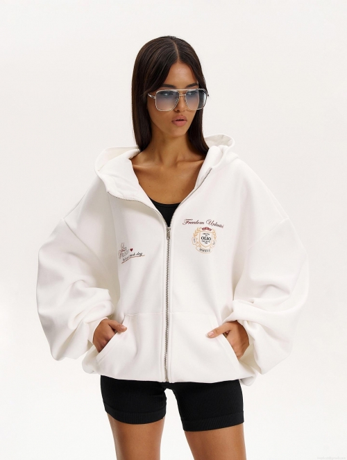 Women's Oversized Zip Up Hoodie Loose Letter Print Cotton Blend Sweatshirt Hooded Jacket Streetwear Casual Long Sleeve Top