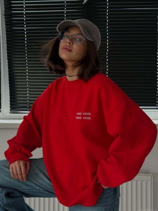 Women Red Oversized Sweatshirt 100% Cotton Letter Embroidery Crew Neck Long Sleeve Streetwear Pullover Casual Autumn Loose Fashionable Top For Women Women Red Oversized Sweatshirt 100% Cotton Letter Embroidery Crew Neck Long Sleeve Streetwear Pullover Casual Autumn Loose Fashionable Top For Women
