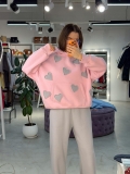 Women's 100% Cotton Oversized Hoodie Pullover Warm Heart Embroidery Sweatshirt For Valentine's Day Casual Loose Streetwear Pink With Grey Applique Top