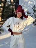 Women's Loose Fit Knitted Cotton Sweatshirt Letter Print Round Neck Long Sleeve Short Pullover Top Casual Streetwear Outdoor Fashion