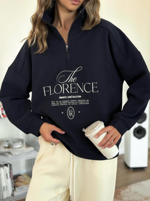 Women's Oversized Half Zip Sweatshirt Cotton Blend Lapel Long Sleeve Pullover With The FLORENCE Letter Print Streetwear Fall Winter Casual Loose Top Women's Oversized Half Zip Sweatshirt Cotton Blend Lapel Long Sleeve Pullover With The FLORENCE Letter Print Streetwear Fall Winter Casual Loose Top
