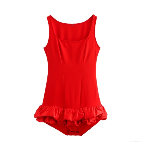 Women Sexy Square Neck Sleeveless Ruffle Hem Romper Polyester Solid Color High Waist Slim Fit Bodycon Jumpsuit With Safety Pants For Party Clubwear Women Sexy Square Neck Sleeveless Ruffle Hem Romper Polyester Solid Color High Waist Slim Fit Bodycon Jumpsuit With Safety Pants For Party Clubwear