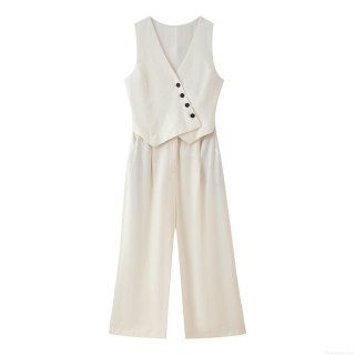 Women's Elegant Sleeveless V-Neck Jumpsuit Polyester Linen Texture Asymmetric Button Decor Wide Leg Long Pants Office Commute One Piece Playsuit Women's Elegant Sleeveless V-Neck Jumpsuit Polyester Linen Texture Asymmetric Button Decor Wide Leg Long Pants Office Commute One Piece Playsuit