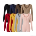 Sexy Women's Long Sleeve Romper Bodysuit Ribbed Knit Henley Neck Slim Fit Button Down Elastic Bodycon Short Jumpsuit For Daily Yoga Sport Home