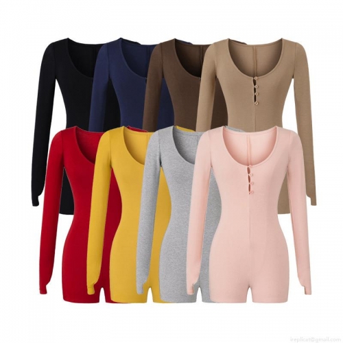 Sexy Women's Long Sleeve Romper Bodysuit Ribbed Knit Henley Neck Slim Fit Button Down Elastic Bodycon Short Jumpsuit For Daily Yoga Sport Home