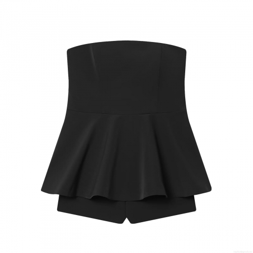 Women's Sexy Strapless Tube Top Romper With Peplum Waist Solid Black Backless Polyester Jumpsuit Summer Club Party Short Jumpsuits For Ladies