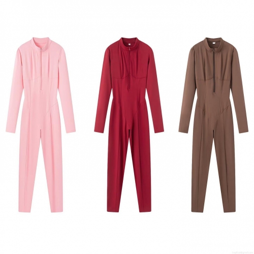 Women's Slim Fit Sporty Yoga Jumpsuit Long Sleeve Cotton Blend Catsuit With Zipper Mock Neck One Piece Bodycon Romper For Activewear Streetwear Women's Slim Fit Sporty Yoga Jumpsuit Long Sleeve Cotton Blend Catsuit With Zipper Mock Neck One Piece Bodycon Romper For Activewear Streetwear