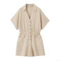 Women's Summer Short Sleeve Striped Romper V-Neck Button Down Jumpsuit Casual Loose Elastic Waist Playsuit with Pockets Urban Fashion Women Clothing