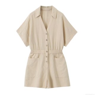 Women's Summer Short Sleeve Striped Romper V-Neck Button Down Jumpsuit Casual Loose Elastic Waist Playsuit with Pockets Urban Fashion Women Clothing