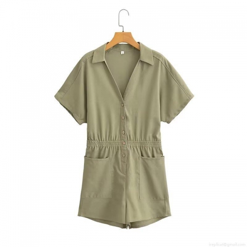 Women's Casual Cotton Linen Short Sleeve Romper Utility V-Neck Button Up Short Jumpsuit With Pockets Elastic Waist Summer Streetwear Fashion Women's Casual Cotton Linen Short Sleeve Romper Utility V-Neck Button Up Short Jumpsuit With Pockets Elastic Waist Summer Streetwear Fashion