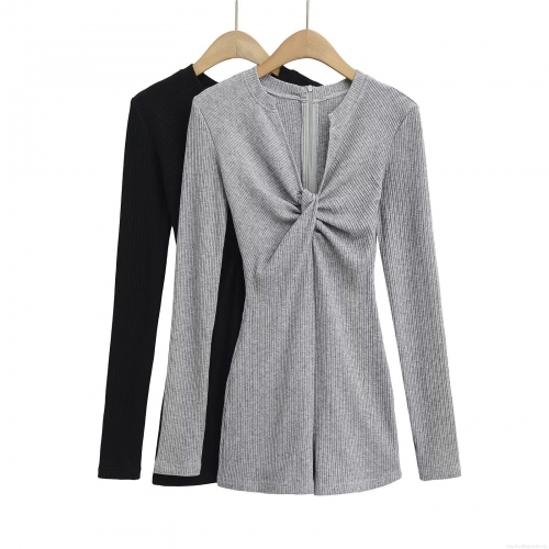 Women's Sexy Deep V Neck Long Sleeve Bodysuit Romper Ribbed Knit Slim Fit Jumpsuit With Twist Knot Zipper Casual Streetwear Fashion Women Clothing Women's Sexy Deep V Neck Long Sleeve Bodysuit Romper Ribbed Knit Slim Fit Jumpsuit With Twist Knot Zipper Casual Streetwear Fashion Women Clothing