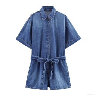 Women Western Style Denim Romper Short Sleeve Lapel Button Up Jumpsuit With Belt Royal Blue Summer Streetwear Casual Fashion Denim Playsuit Women Western Style Denim Romper Short Sleeve Lapel Button Up Jumpsuit With Belt Royal Blue Summer Streetwear Casual Fashion Denim Playsuit