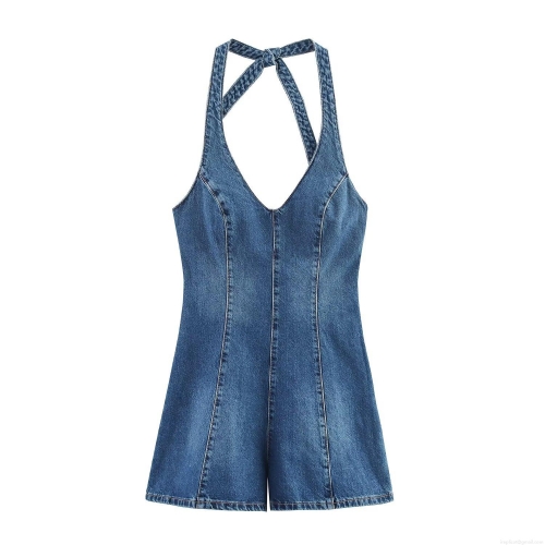 Sexy Backless Halterneck Denim Romper for Women Washed Blue Sleeveless Jumpsuit Summer Slim Fit Short Playsuit Streetwear Polyester Jumpsuit Sexy Backless Halterneck Denim Romper for Women Washed Blue Sleeveless Jumpsuit Summer Slim Fit Short Playsuit Streetwear Polyester Jumpsuit