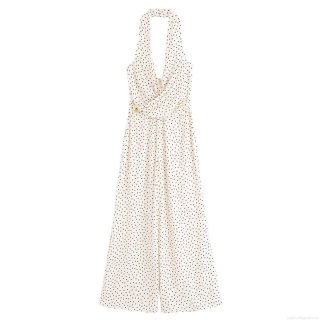 Women's Halter Polka Dot Jumpsuit Sexy Deep V Neck Sleeveless Wide Leg One Piece Romper With Metal Buckle Fashion Backless Long Overalls