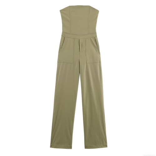 Women's Solid Color Tube Top Jumpsuit Wide Leg Long Pants With Large Pockets Sleeveless Strapless Street Style One Piece Romper Polyester Jumpsuit