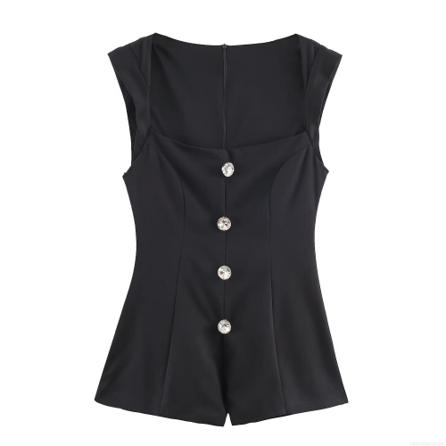 Women's Elegant Sleeveless Square Neck Jumpsuit With Jeweled Rhinestone Buttons Polyester Slim Fit One-Piece Short Romper For Summer Party Streetwear Casual Women's Elegant Sleeveless Square Neck Jumpsuit With Jeweled Rhinestone Buttons Polyester Slim Fit One-Piece Short Romper For Summer Party Streetwear Casual