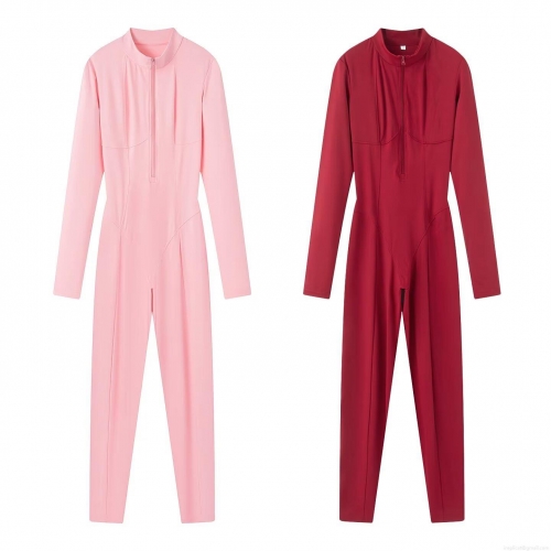 Women's Sporty Long Sleeve Jumpsuit Spandex Blend Slim Fit Shaping Yoga Suit Solid Color Zip Up Stand Collar Gym Fitness Casual One Piece Bodysuit