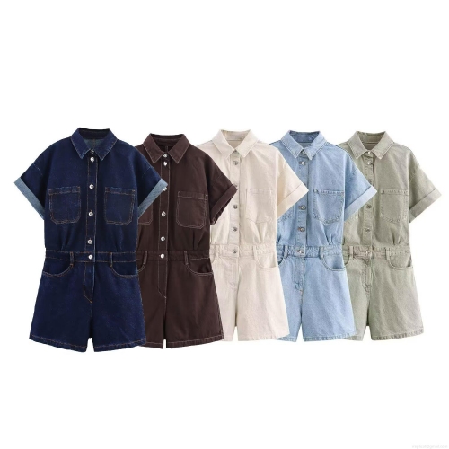 Women's Summer Short Sleeve Denim Romper Washed Cotton Turn-down Collar Button Up Cargo Jumpsuit With Pockets Casual Utility Playsuit Fashion One Piece Outfit Women's Summer Short Sleeve Denim Romper Washed Cotton Turn-down Collar Button Up Cargo Jumpsuit With Pockets Casual Utility Playsuit Fashion One Piece Outfit