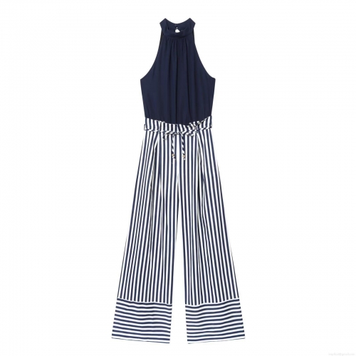 Women Halter Neck Jumpsuit Sleeveless Cotton Linen Blend Navy Blue Patchwork Blue White Striped Wide Leg Long Pant Casual One Piece Outfit With Waist Tie Women Halter Neck Jumpsuit Sleeveless Cotton Linen Blend Navy Blue Patchwork Blue White Striped Wide Leg Long Pant Casual One Piece Outfit With Waist Tie