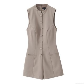 Women's Sleeveless Stand Collar Romper Elegant Solid Color Button Down Short Jumpsuit Summer Chic Playsuit With Pockets Casual Party Outfit For Women