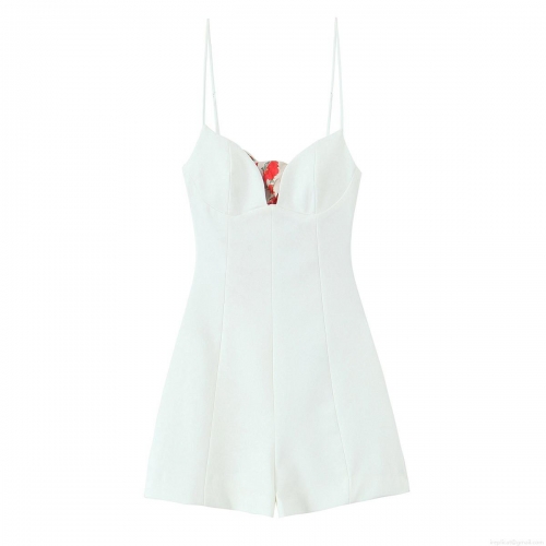 Women Sexy V Neck Spaghetti Strap Romper Cotton Polyester Blend Floral Bow Sleeveless Short Jumpsuit For Summer Beach Party Vacation Elegant White Play suit Women Sexy V Neck Spaghetti Strap Romper Cotton Polyester Blend Floral Bow Sleeveless Short Jumpsuit For Summer Beach Party Vacation Elegant White Play suit