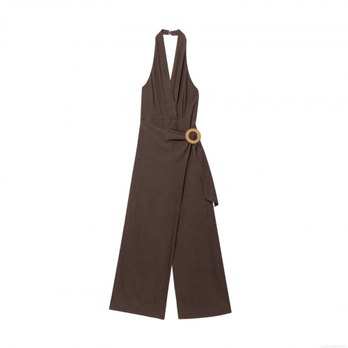 Women's Halter V-Neck Jumpsuit Cotton Ramie Blend Wide Leg Long Pants Elegant Backless One-Piece Romper With Woven Buckle For Summer Beach Vacation Casual Ladies