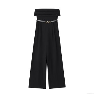 Women's Sexy Strapless Jumpsuit With Metal Buckle Belt Elegant High Waist Wide Leg Long Pants Romper For Evening Party Clubwear