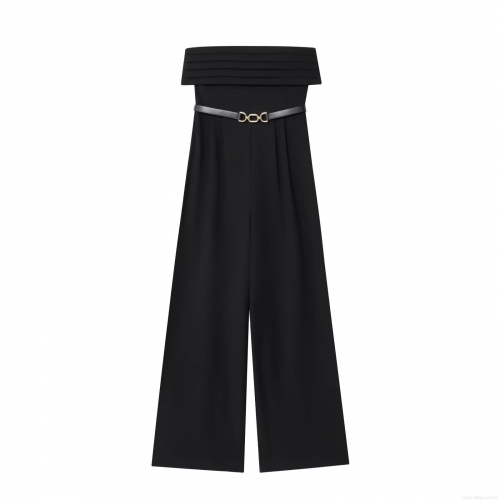 Women's Sexy Strapless Jumpsuit With Metal Buckle Belt Elegant High Waist Wide Leg Long Pants Romper For Evening Party Clubwear