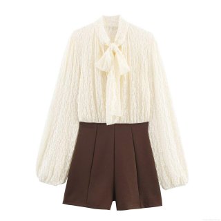 Women Elegant Lace Polyester Splicing Jumpsuit Bow Tie Neck Lantern Sleeve Contrast Color Hollow Out Short Romper for Party Date
