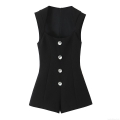 Women's Sleeveless Rhinestone Button Denim Romper Elegant High Waist Jumpsuit With Back Zipper Solid Black Slim Fit Short Jumpsuit For Summer Party Dating