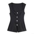 Women's Elegant Sleeveless Square Neck Short Jumpsuit Rhinestone Jewelry Buttons Slim Fit Cotton Blend One Piece Romper Summer Party Clubwear Black