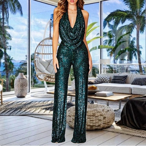 Women Halter Deep V Sequin Jumpsuit Sleeveless Backless Wide Leg Long Pants Elegant Sexy Party Evening Romper Jumpsuits Women Halter Deep V Sequin Jumpsuit Sleeveless Backless Wide Leg Long Pants Elegant Sexy Party Evening Romper Jumpsuits