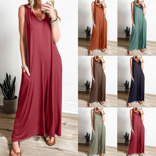 Women's Casual Summer V Neck Sleeveless Jumpsuit Polyester Spandex Wide Leg Jumpsuits With Pockets Fashion Loose Beach Vacation Romper For Ladies Women's Casual Summer V Neck Sleeveless Jumpsuit Polyester Spandex Wide Leg Jumpsuits With Pockets Fashion Loose Beach Vacation Romper For Ladies