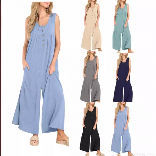 Women's Sleeveless Jumpsuit Ribbed Knit Wide Leg Romper With Pockets Button Front Crew Neck Casual One Piece Long Pant Jumpsuit For Women Summer Vacation Women's Sleeveless Jumpsuit Ribbed Knit Wide Leg Romper With Pockets Button Front Crew Neck Casual One Piece Long Pant Jumpsuit For Women Summer Vacation