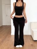 Women's 2 Piece Ribbed Knit Set 92% Viscose 8% Elastane Sleeveless U Neck Tank Top And High Waist Flare Pants With Drawstring Sporty Casual Summer Outfit