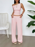 Women's Two Piece Outfits Summer One Shoulder Textured Pleated Top and Wide Leg Pants Set Casual Vacation Beach Party Elegant Solid Color Suits