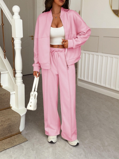 Women's Casual 2 Piece Tracksuit Set Solid Color Polyester Zipper Jacket And Wide Leg Pants Outfits For Autumn Winter Loungewear Ladies Vacation Sweatsuits