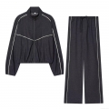 Women Oversized Denim Two Piece Set Contrast Stripe Zip Up Stand Collar Jacket and Wide Leg Pants Casual Streetwear Tracksuit Dark Grey